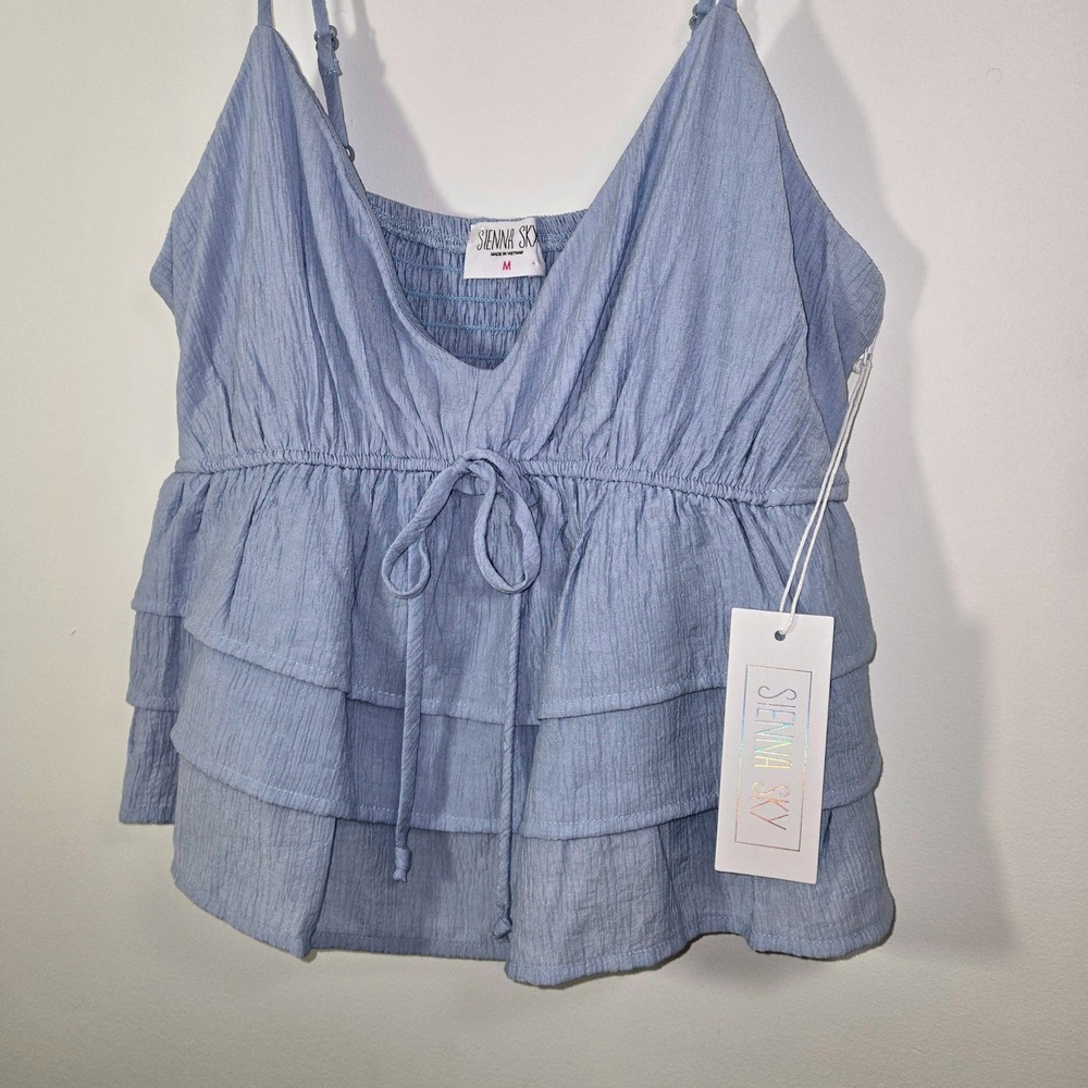 Sienna Sky Womens Light Blue Tiered Ruffle Babydoll Camisole Top Size M NWT